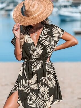 CUPSHE BLACK AND CREAM TROPICAL LEAF SWIM COVERUP DRESS SIZE XS NWT